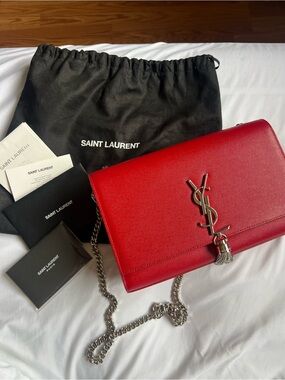 Saint Laurent Red Leather Monogram Chain Crossbody with Tassel